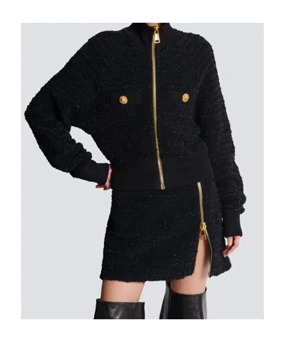 Balmain Textured Fabric Short Jacket With High Collar In Black