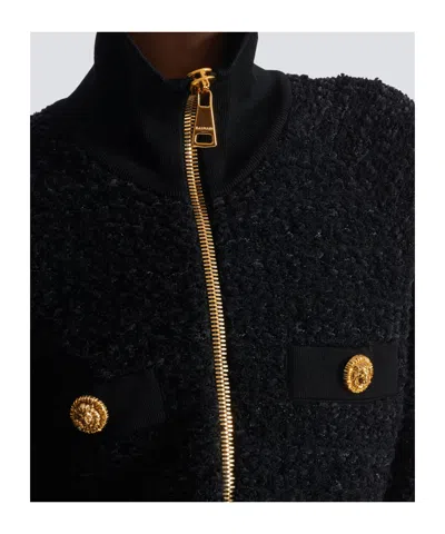 Balmain Textured Fabric Short Jacket With High Collar In Black