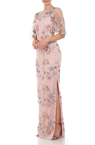 Js Collections Daphne Embroidered Sequin Column Gown In Pink