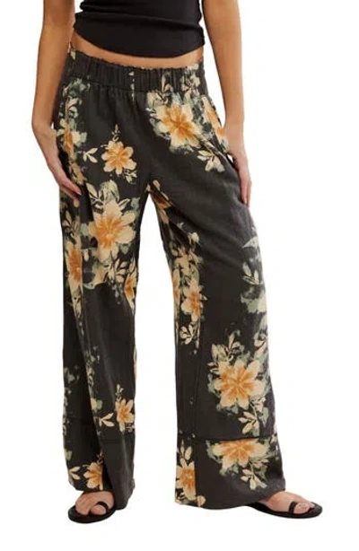 Free People Days End Printed Linen Pull On Pants In Washed Black Combo