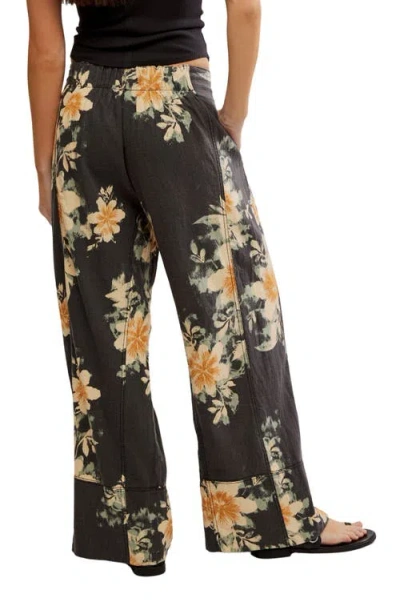 Free People Days End Printed Linen Pull On Pants In Washed Black Combo