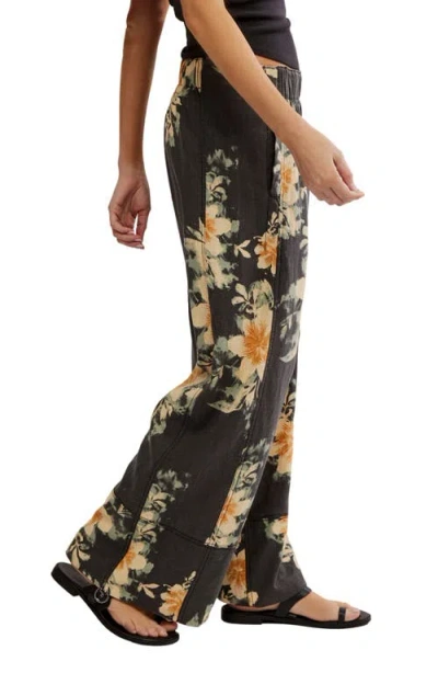 Free People Days End Printed Linen Pull On Pants In Washed Black Combo