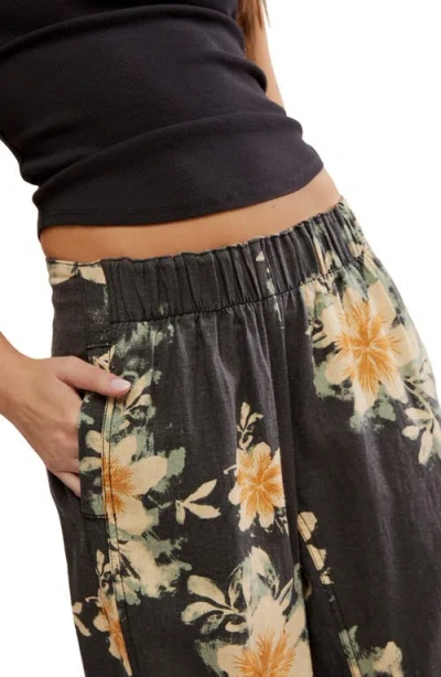 Free People Days End Printed Linen Pull On Pants In Washed Black Combo