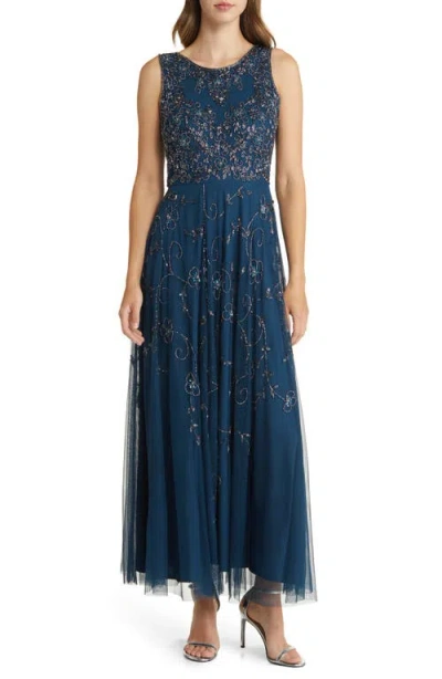 Pisarro Nights Beaded Mesh Gown With Jacket In Blue