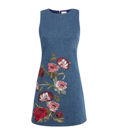 Alice And Olivia Cade Embroidered Sleeveless Denim Mini Shift Dress In Blue
