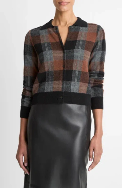 Vince Cashmere Plaid Button-front Sweater In Black
