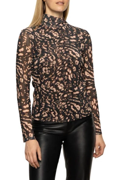 Sanctuary Abstract Print Mesh Top In Brown