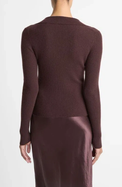 Vince Cashmere Silk Ribbed Button Loop Polo Top In Brown
