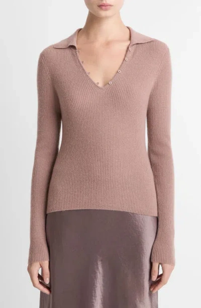 Vince Cashmere Silk Ribbed Button Loop Polo Top In Nude