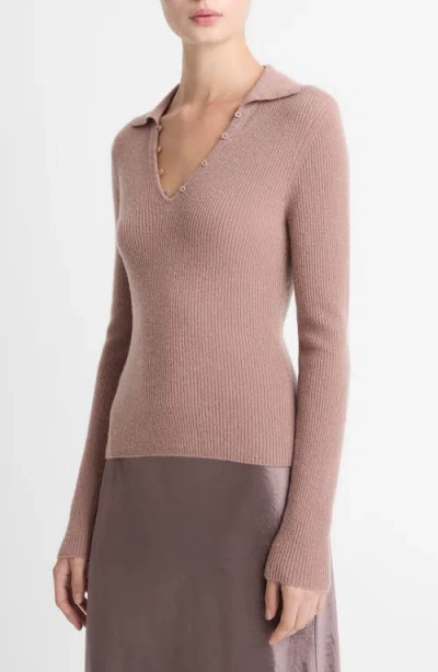 Vince Cashmere Silk Ribbed Button Loop Polo Top In Nude