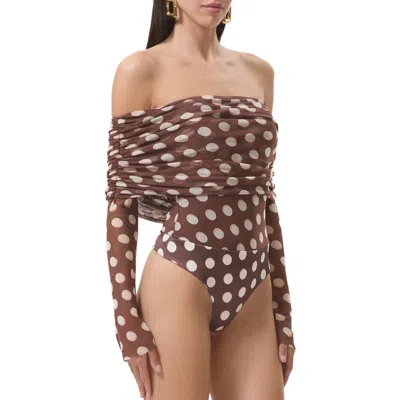 Afrm Maxine Ruched Off The Shoulder Mesh Bodysuit In Brown