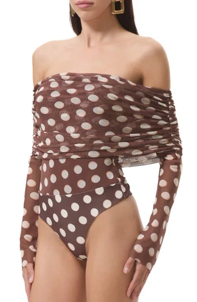 Afrm Maxine Ruched Off The Shoulder Mesh Bodysuit In Brown