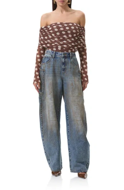 Afrm Maxine Ruched Off The Shoulder Mesh Bodysuit In Brown