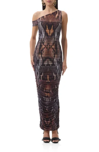 Afrm Biona Printed One-shoulder Ruched Mesh Maxi Dress In Multi