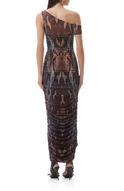 Afrm Biona Printed One-shoulder Ruched Mesh Maxi Dress In Multi