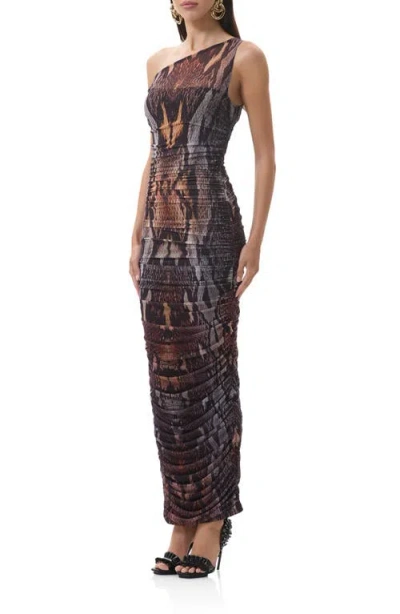 Afrm Biona Printed One-shoulder Ruched Mesh Maxi Dress In Multi