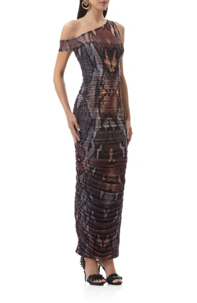 Afrm Biona Printed One-shoulder Ruched Mesh Maxi Dress In Multi