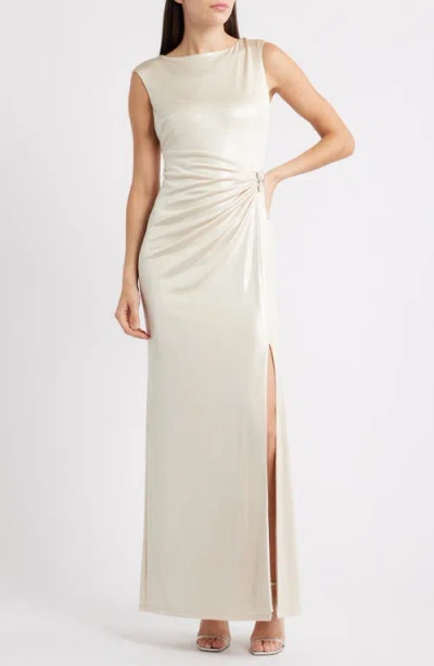 Ralph Lauren Metallic Sleeveless Side-slit Gown In Neutral