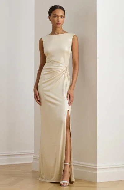 Ralph Lauren Metallic Sleeveless Side-slit Gown In Neutral