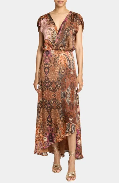 Santorelli Fallon Midi Dress With Hi-lo Skirt In Printed Charmeuse In Multi
