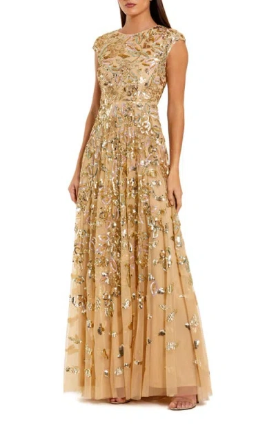Mac Duggal Sequin Mesh High Neck Cap Sleeve A Line Gown In Gold
