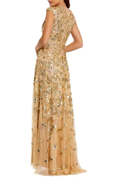 Mac Duggal Sequin Mesh High Neck Cap Sleeve A Line Gown In Gold