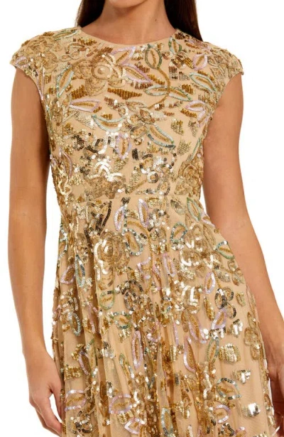 Mac Duggal Sequin Mesh High Neck Cap Sleeve A Line Gown In Gold