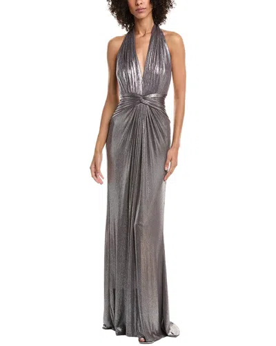 Tadashi Shoji Metallic Jersey Halter Draped Gown In Gray