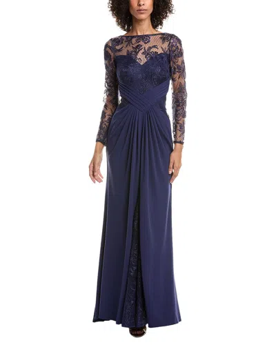 Tadashi Shoji Crepe And Re-embroidered Lace Gown In Blue
