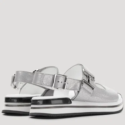 Hogan Logo-buckle Detail Sandals In Silver