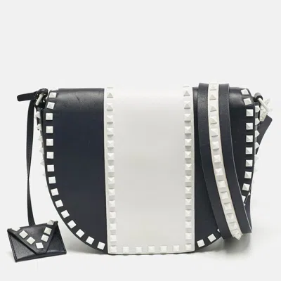 Pre-owned Valentino Garavani Navy Blue/white Leather Colorblock Halfmoon Saddle Crossbody Bag