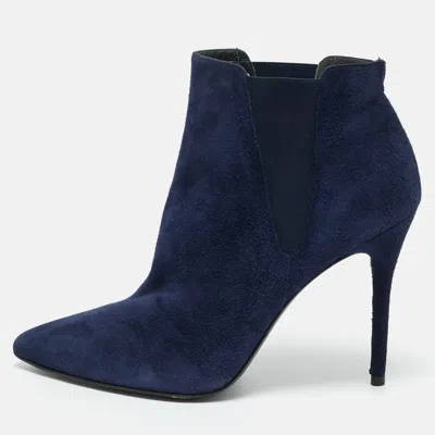 Pre-owned Stuart Weitzman Blue Elastic And Suede Ankle Length Boots Size 40