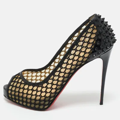 Pre-owned Christian Louboutin Black Patent Leather And Mesh Guni Spiked Peep Toe Platform Pumps Size 40.5