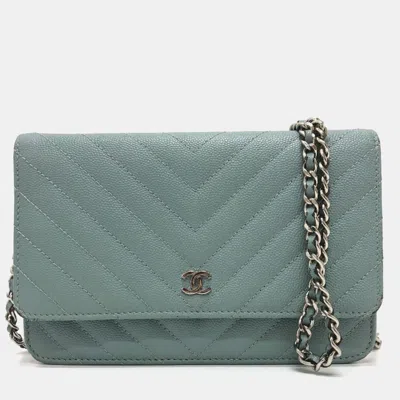 Pre-owned Chanel Long Wallet With V-stitching And Coco Mark Cc Chain Shoulder Bag Caviar Leather Blue