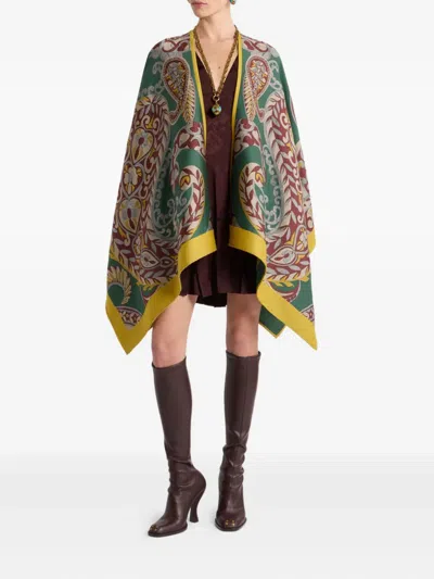 Etro Wool-blend Cape With Paisley Motif In Green