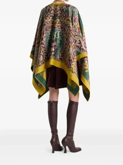Etro Wool-blend Cape With Paisley Motif In Green