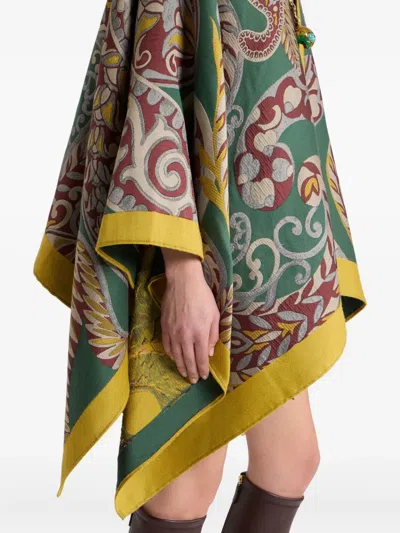 Etro Wool-blend Cape With Paisley Motif In Green