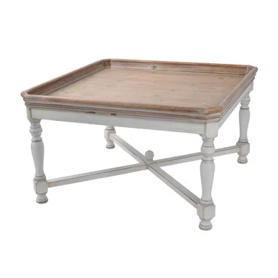 Hivvago Fin 33 Inch Coffee Table, Tray Top, Rustic Fir Wood, Antique White, Brown