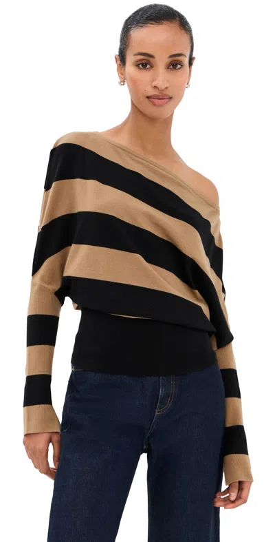 Simkhai Lavina Off Shoulder Sweater Camel Stripe In Brown