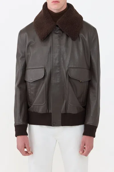 Gabriela Hearst Grant Leather Bomber Jacket With Shearling Collar In Brown