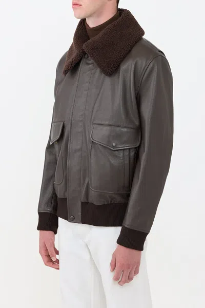 Gabriela Hearst Grant Leather Bomber Jacket With Shearling Collar In Brown