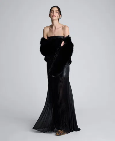 Kenneth Cole Faux Leather Mixed Media Pleated Maxi Dress In Black