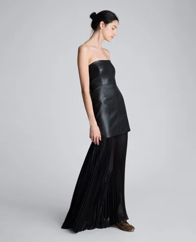 Kenneth Cole Faux Leather Mixed Media Pleated Maxi Dress In Black