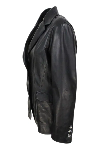 Barba Napoli Soft Leather Blazer Jacket With 2 Button Closure And Flap Pockets In Black