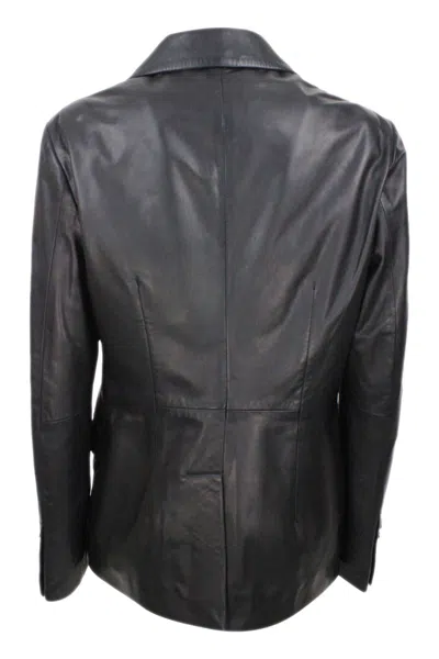 Barba Napoli Soft Leather Blazer Jacket With 2 Button Closure And Flap Pockets In Black
