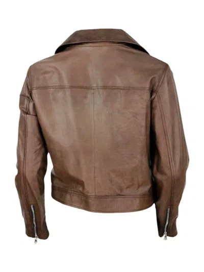 Barba Napoli Studded Jacket In Fine And Soft Nappa Leather With Zip Closure In Brown