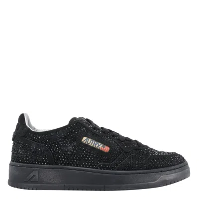 Autry Medalist Low Suede Trainers With Rhinestones In Black