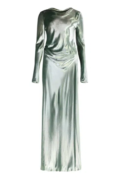 Alberta Ferretti Long Dress In Glossy Velvet In Green