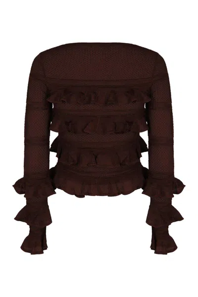 Zimmermann Long Sleeve Knit Top With Ruffles In Brown