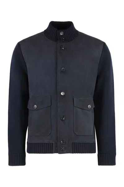 Slowear Cardigan With Front Panel In Leather In Blue